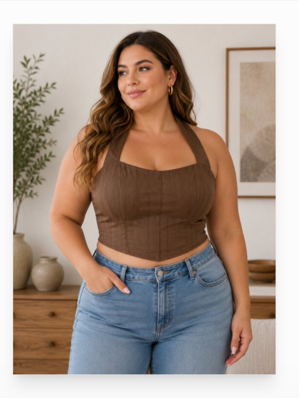 PrettyLittleThing plus size 24 NWT brown halter textured zip up corset crop top